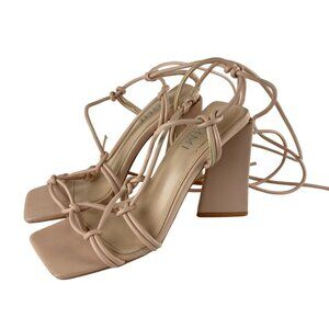 Simmi London Womens Sz 6  Lace Up Block Heeled Sandals With Ankle Ties Nude Beig